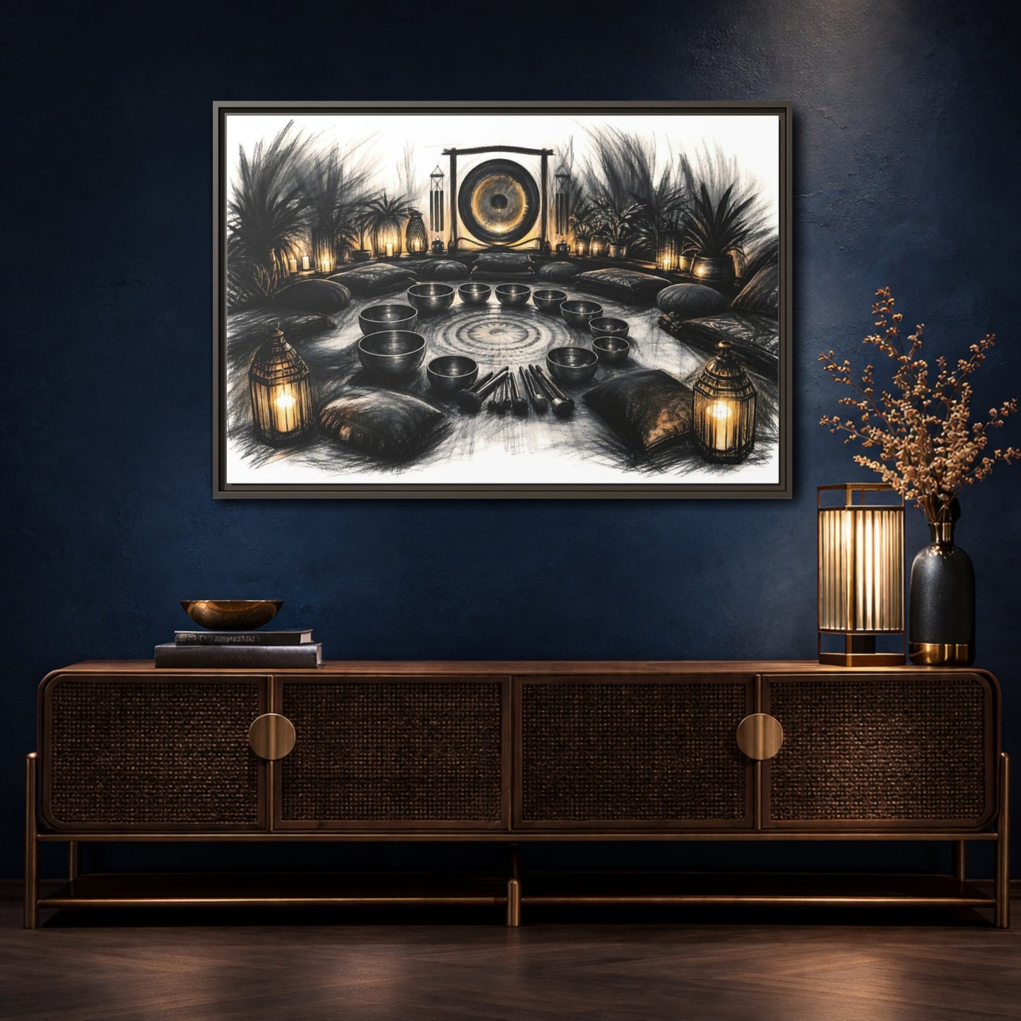 Mockup 4. Nature Sound Bath Charcoal Gold Meditation shown as framed canvas print