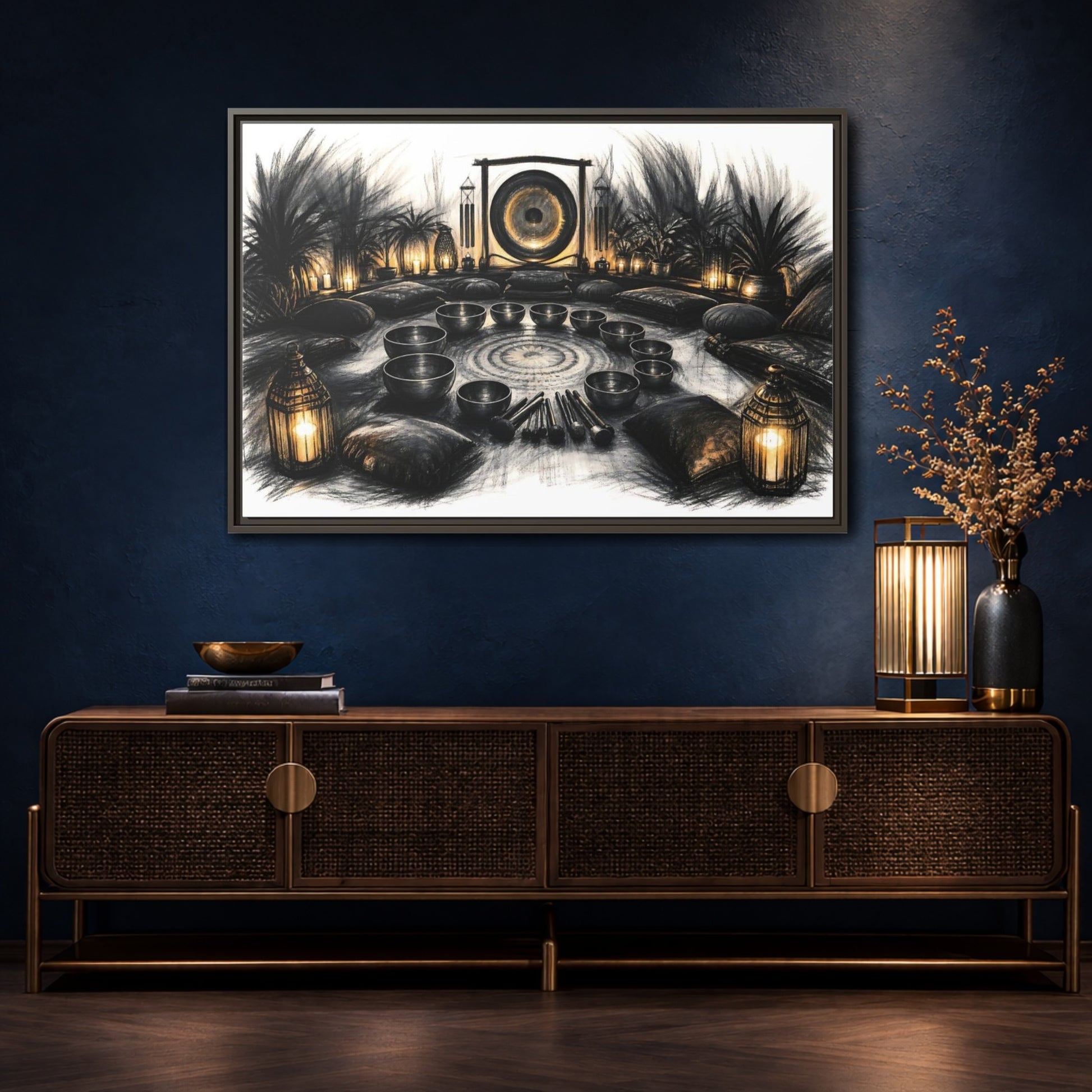 Mockup 4. Nature Sound Bath Charcoal Gold Meditation shown as framed canvas print