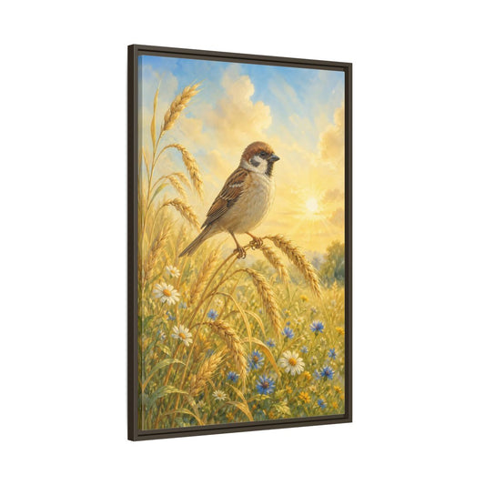 Main Mockup. Nature Sparrow Golden Field shown as stretched canvas wall art