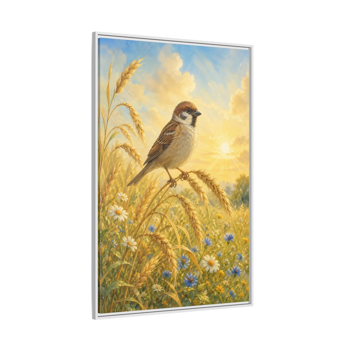 Side Mockup 7. Nature Sparrow Golden Field shown as stretched canvas wall art