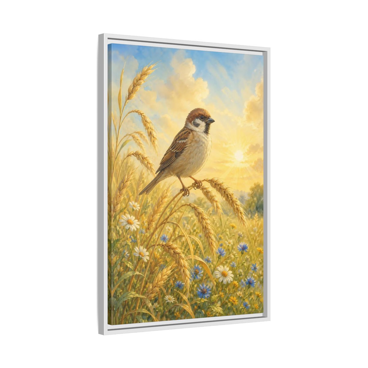 Side Mockup 10. Nature Sparrow Golden Field shown as stretched canvas wall art