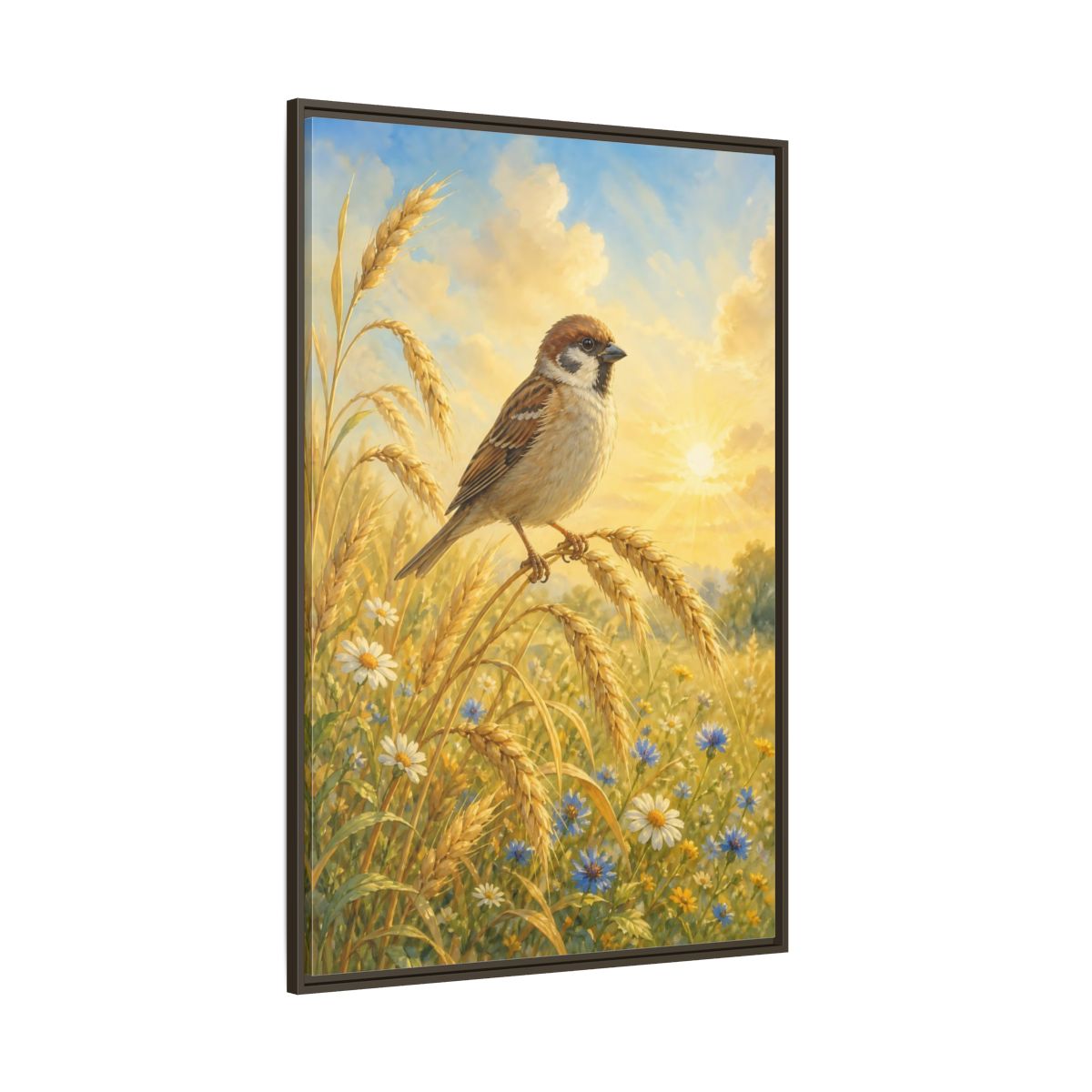 Side Mockup 8. Nature Sparrow Golden Field shown as stretched canvas wall art