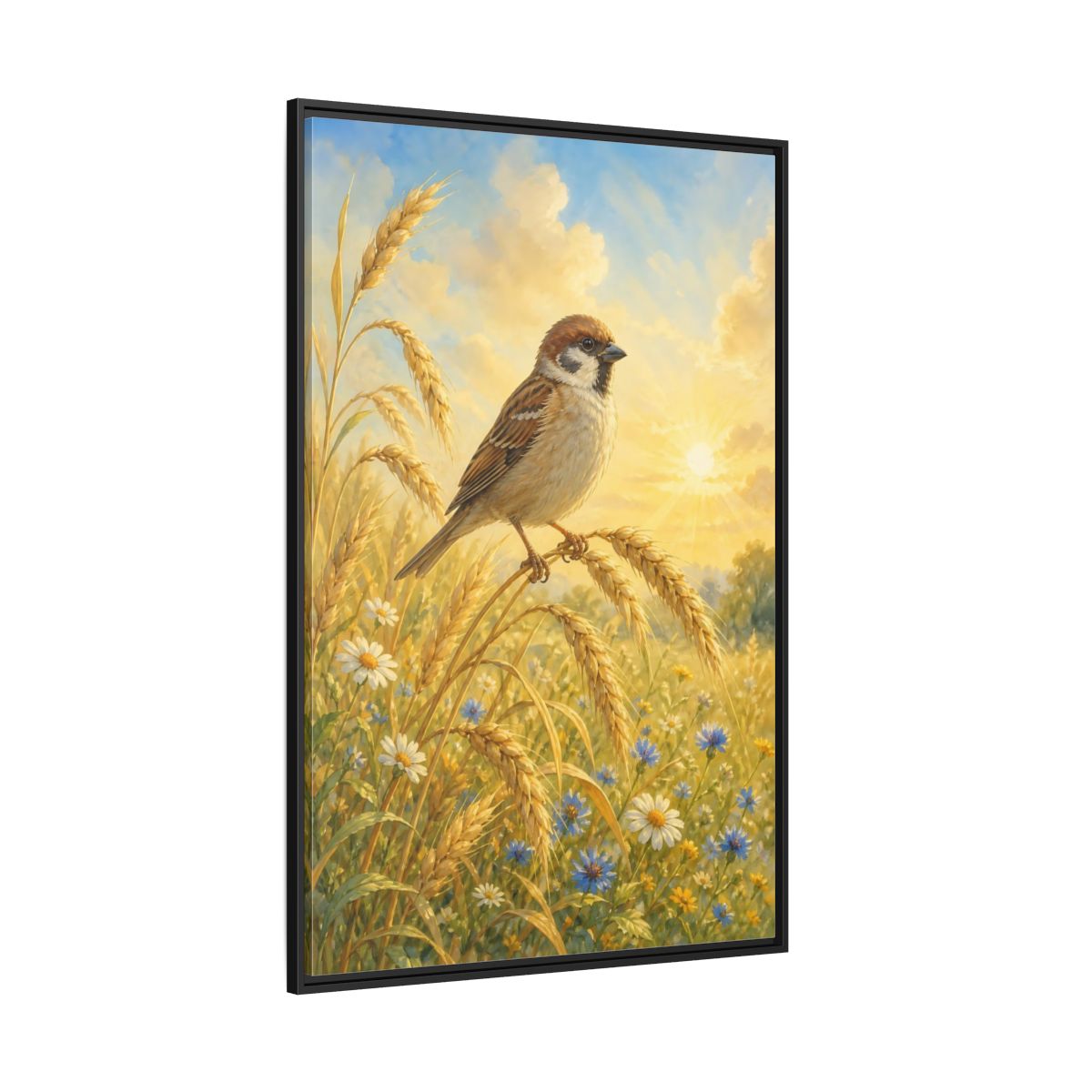 Side Mockup 12. Nature Sparrow Golden Field shown as stretched canvas wall art