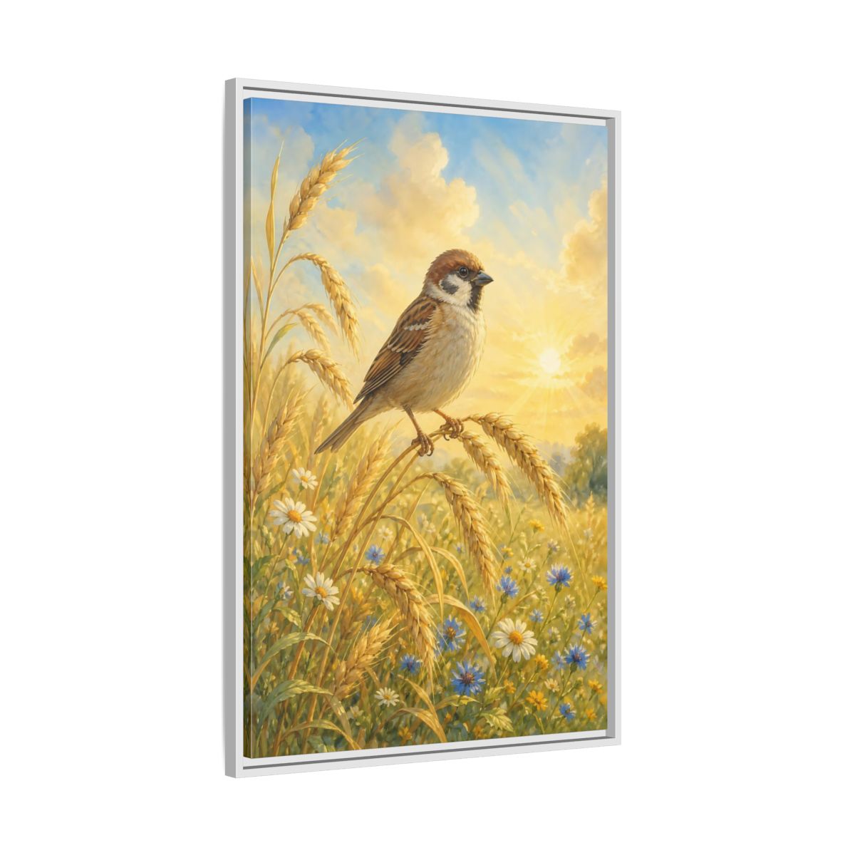 Side Mockup 9. Nature Sparrow Golden Field shown as stretched canvas wall art