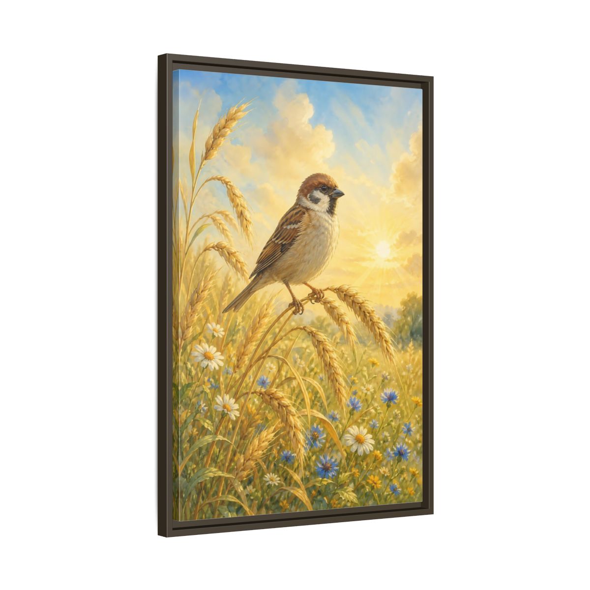 Side Mockup 11. Nature Sparrow Golden Field shown as stretched canvas wall art