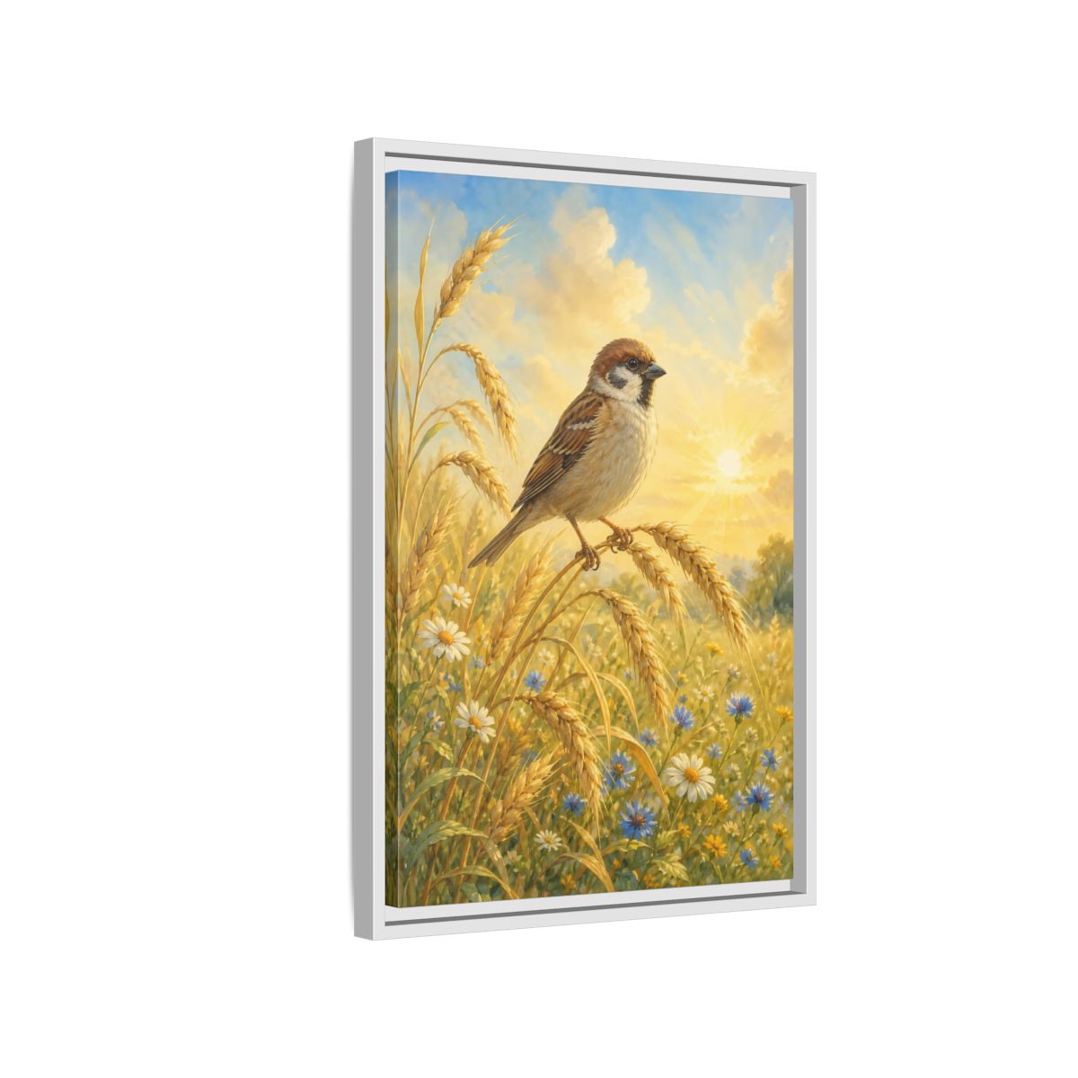Side Mockup 1. Nature Sparrow Golden Field shown as stretched canvas wall art