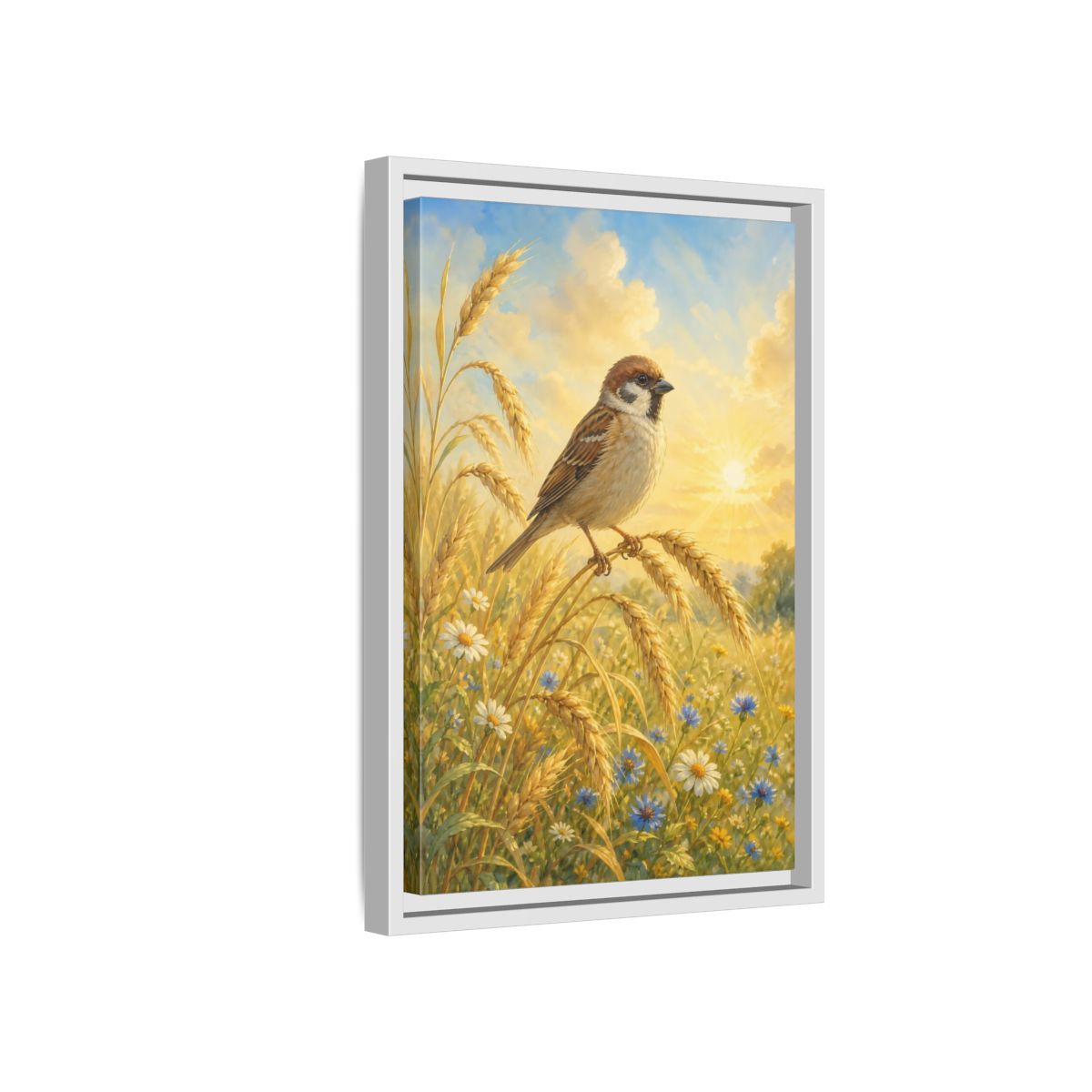 Side Mockup 4. Nature Sparrow Golden Field shown as stretched canvas wall art