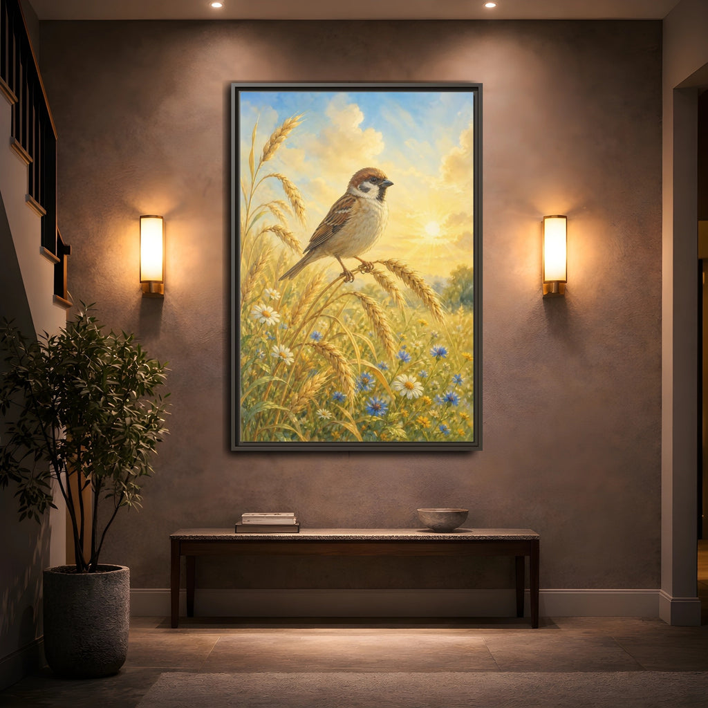 Mockup 2. Nature Sparrow Golden Field shown as stretched canvas wall art