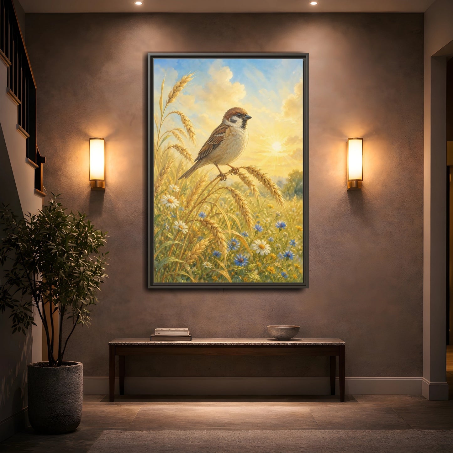 Mockup 2. Nature Sparrow Golden Field shown as stretched canvas wall art