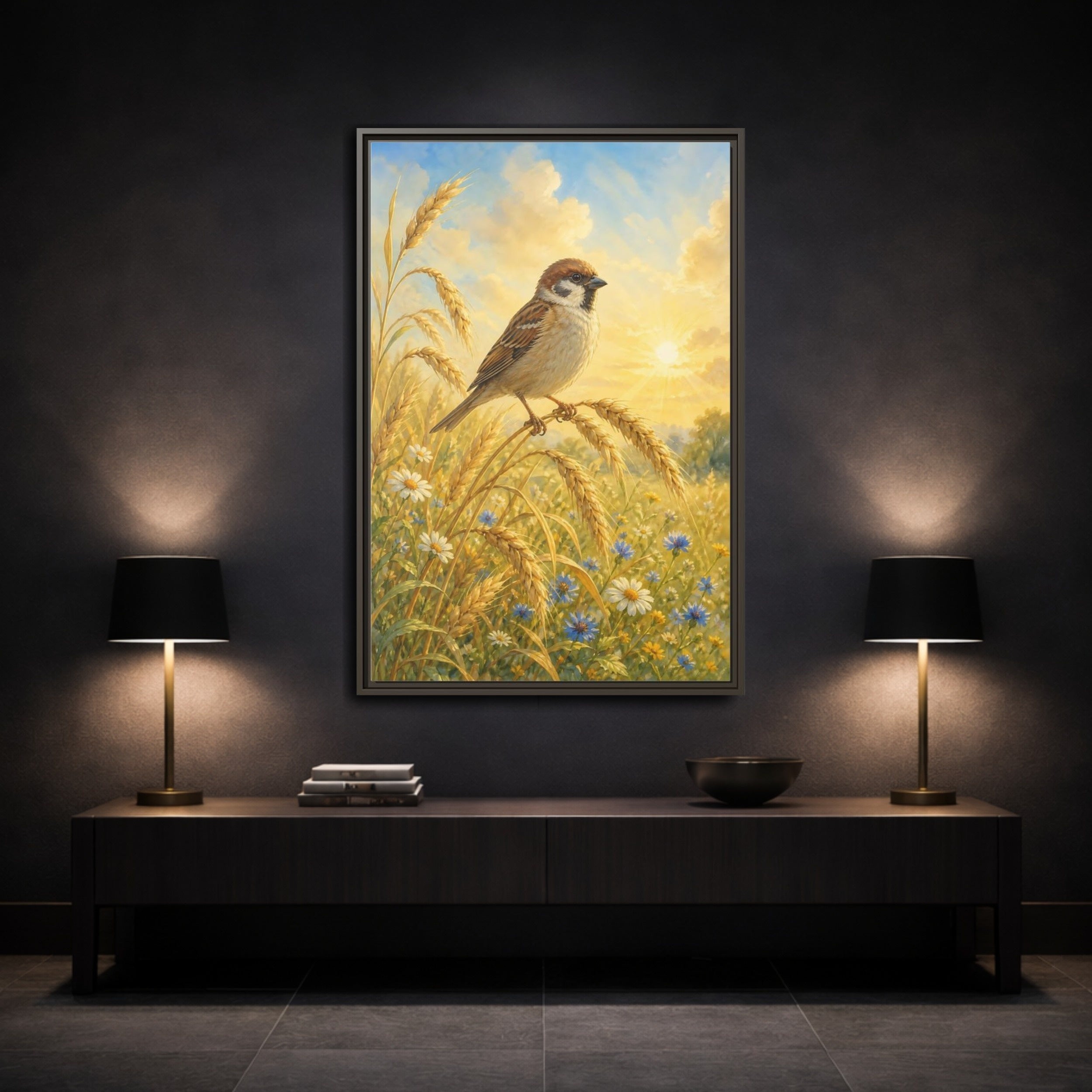 Mockup 3. Nature Sparrow Golden Field shown as stretched canvas wall art