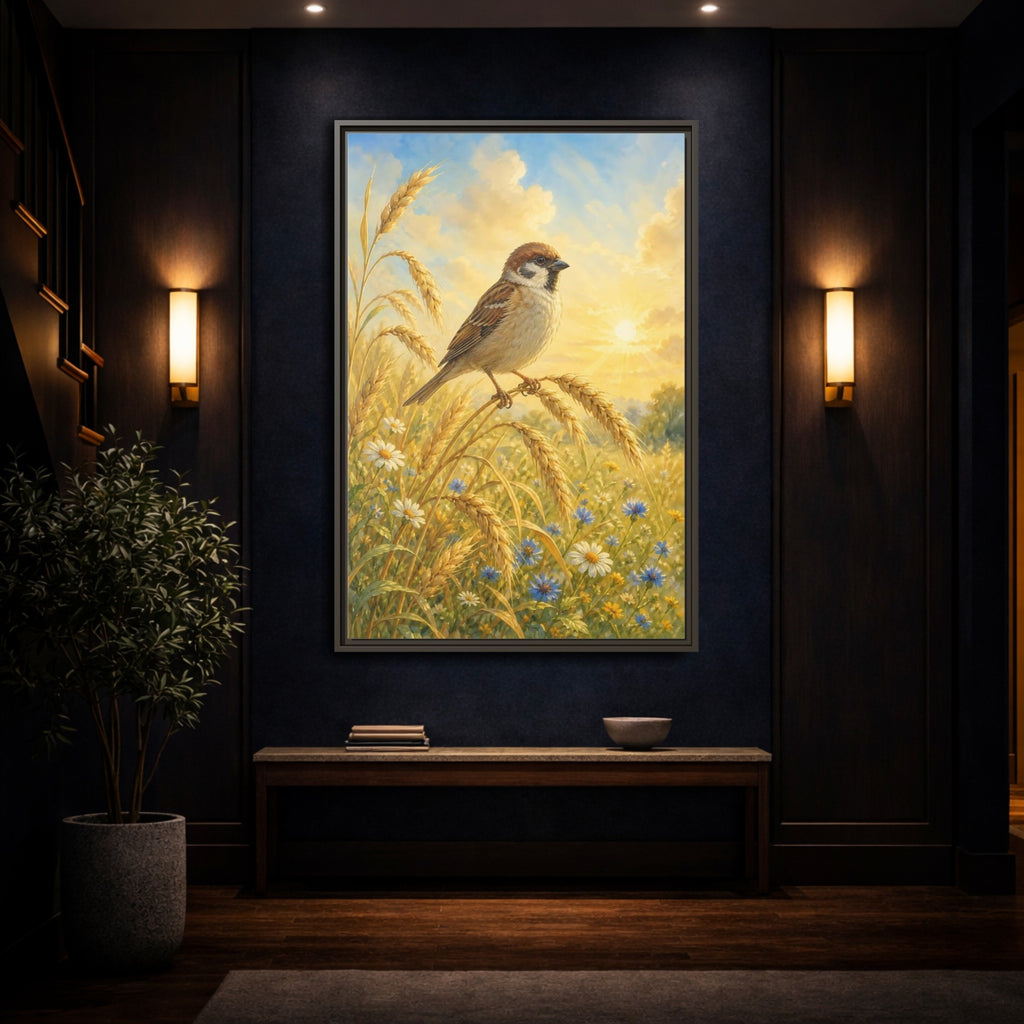 Mockup 4. Nature Sparrow Golden Field shown as stretched canvas wall art