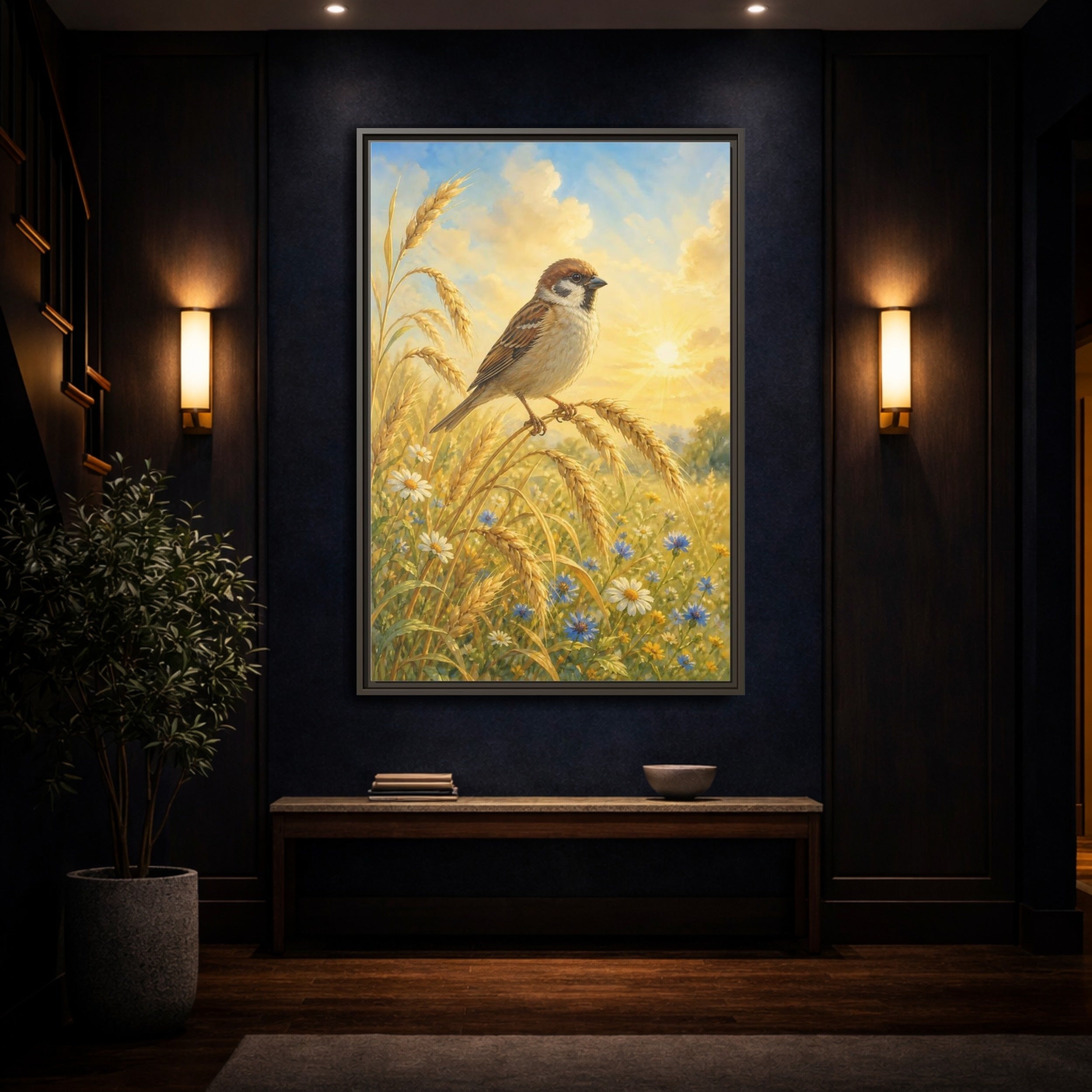 Mockup 4. Nature Sparrow Golden Field shown as stretched canvas wall art