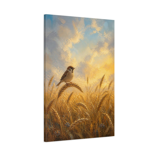 Main Mockup. Nature Sparrow Golden Wheat shown as stretched canvas wall art