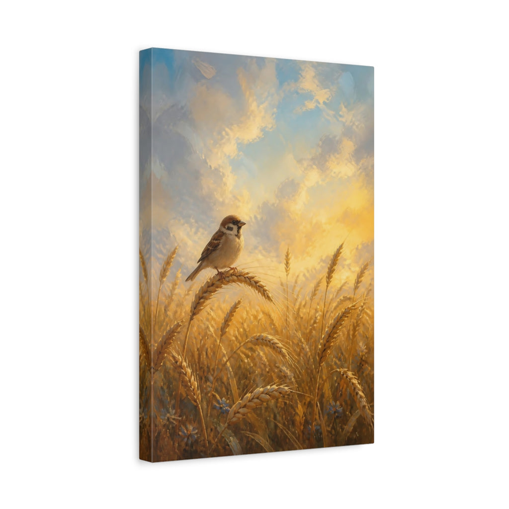 Side Mockup 4. Nature Sparrow Golden Wheat shown as stretched canvas wall art