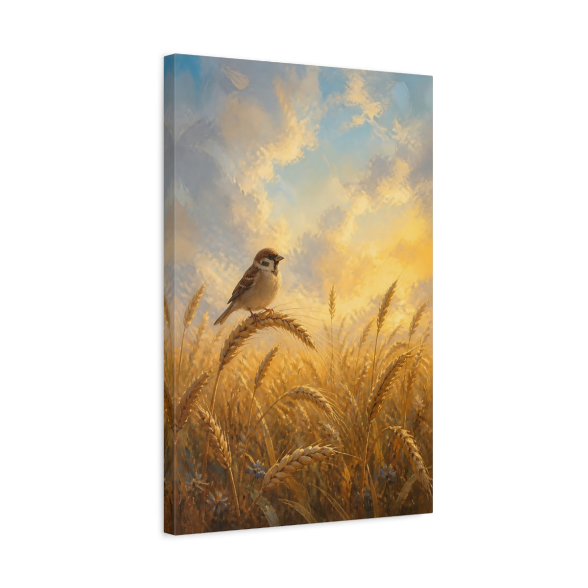 Side Mockup 3. Nature Sparrow Golden Wheat shown as stretched canvas wall art