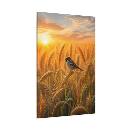 Main Mockup. Nature Sparrow Golden Wheat Field shown as stretched canvas wall art
