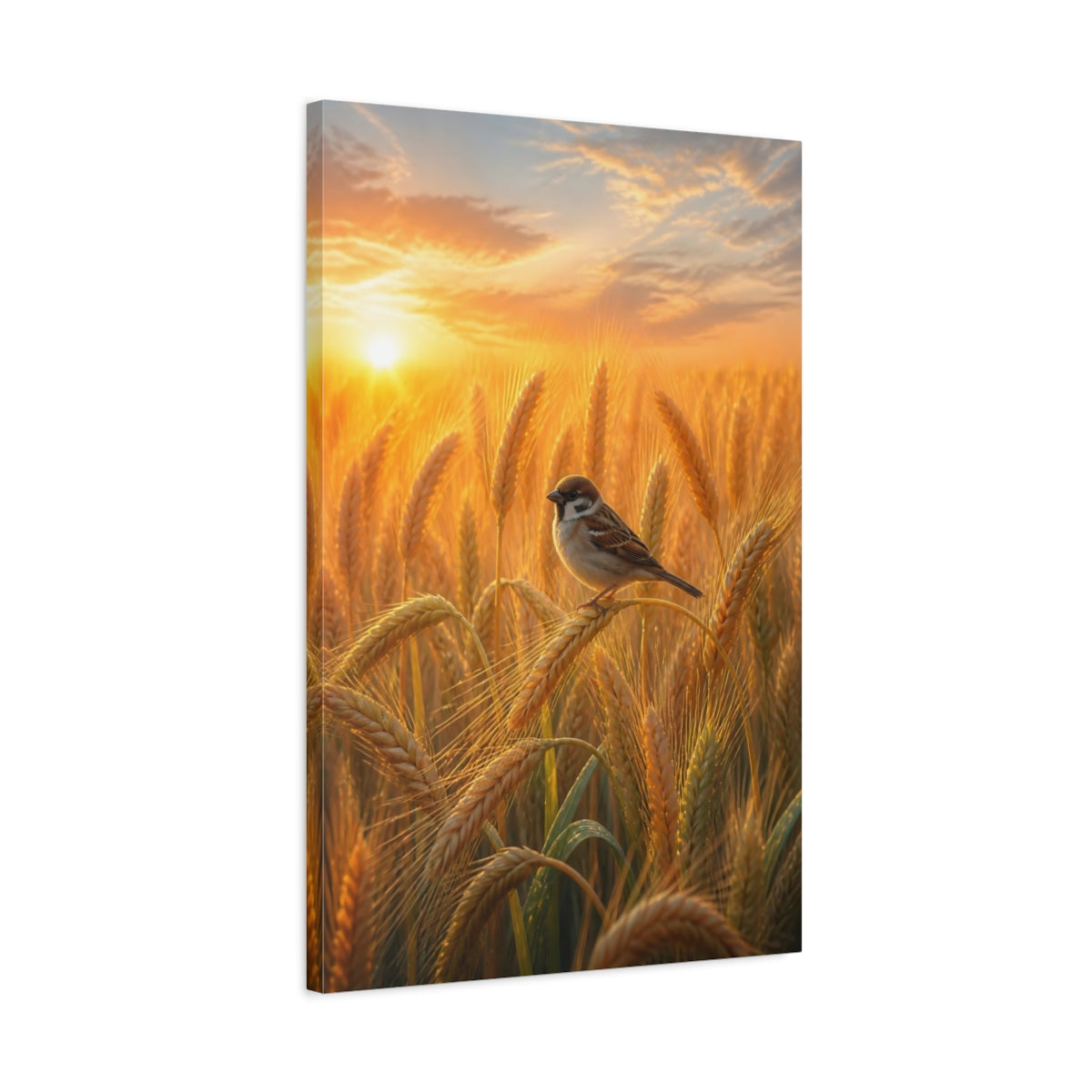 Side Mockup 2. Nature Sparrow Golden Wheat Field shown as stretched canvas wall art