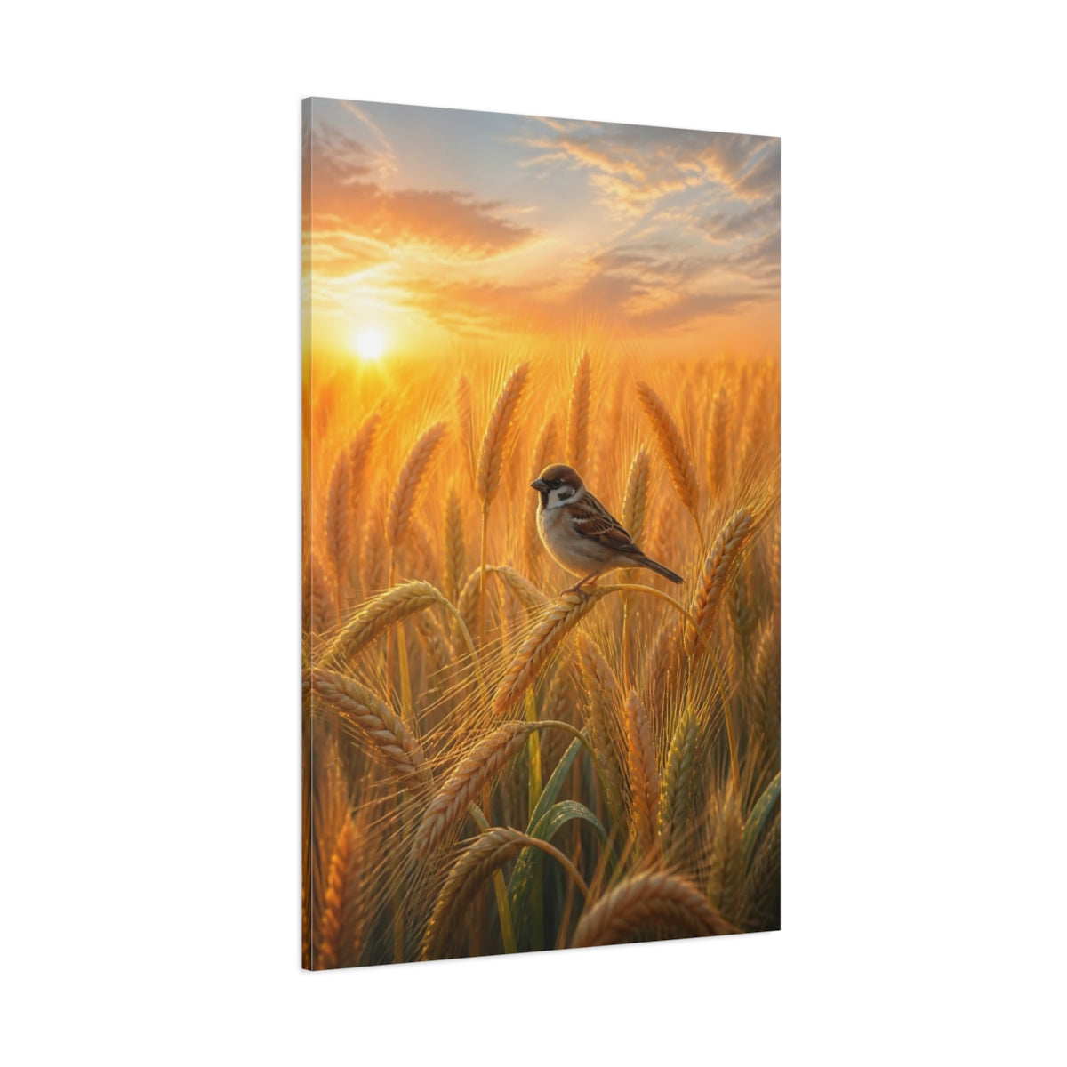 Side Mockup 1. Nature Sparrow Golden Wheat Field shown as stretched canvas wall art