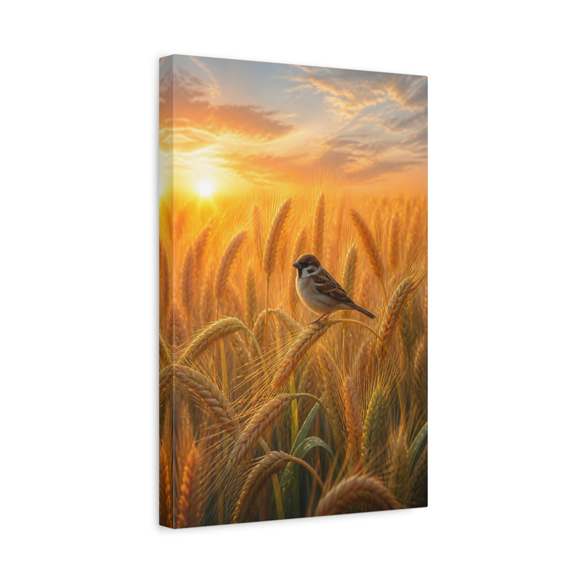 Side Mockup 4. Nature Sparrow Golden Wheat Field shown as stretched canvas wall art