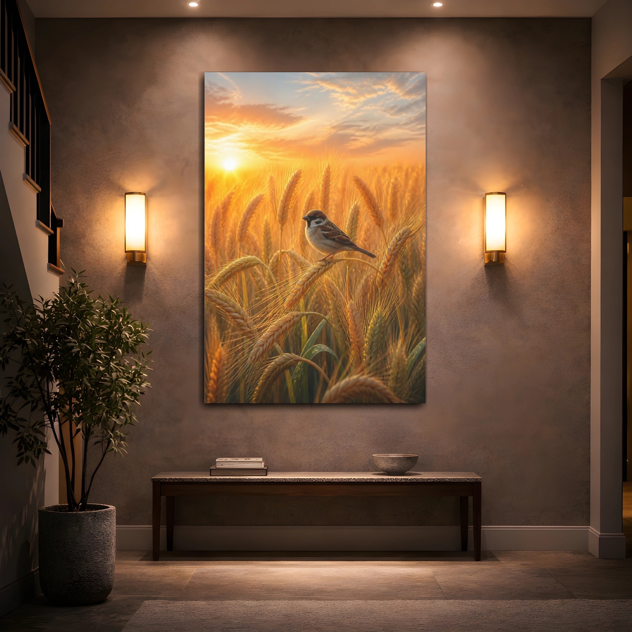 Mockup 2. Nature Sparrow Golden Wheat Field shown as stretched canvas wall art