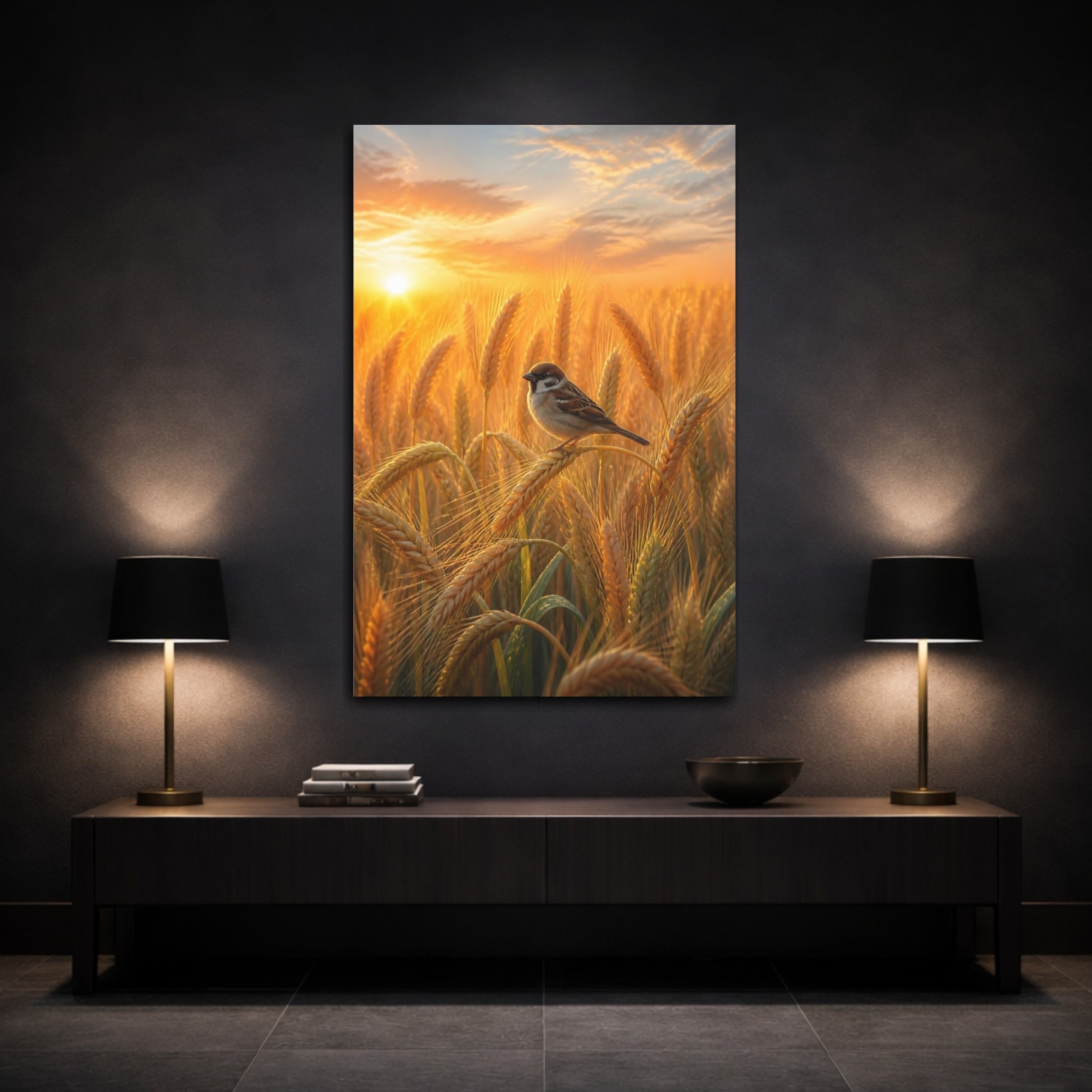 Mockup 3. Nature Sparrow Golden Wheat Field shown as stretched canvas wall art
