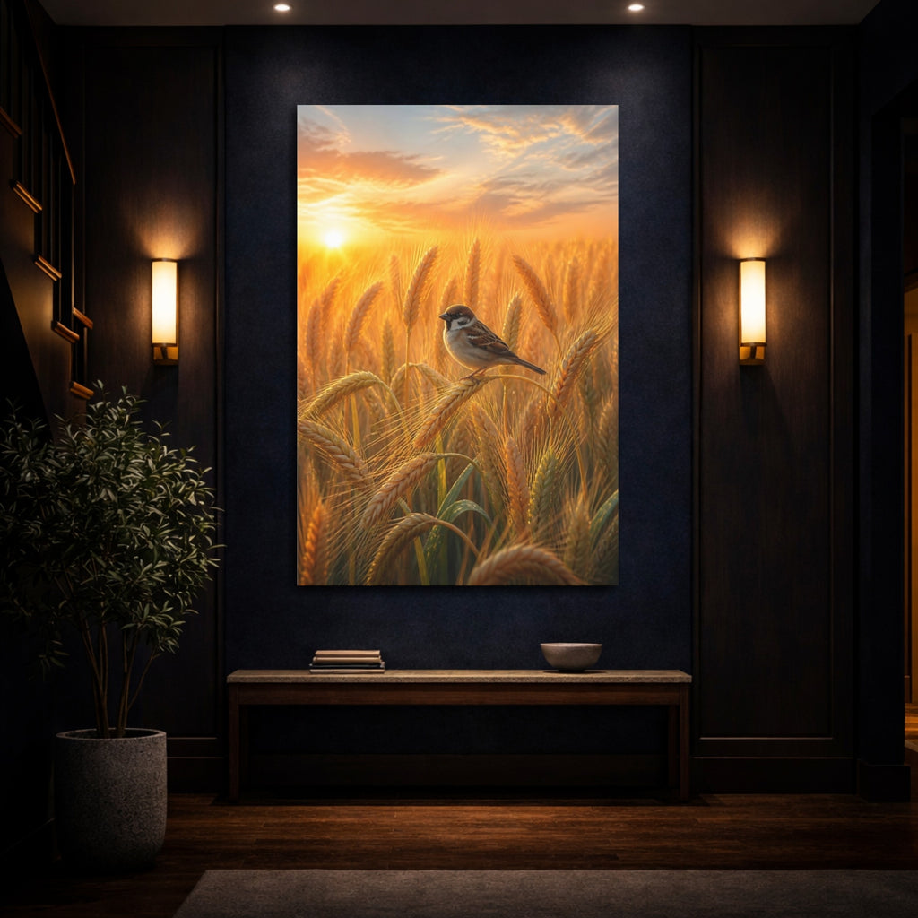 Mockup 4. Nature Sparrow Golden Wheat Field shown as stretched canvas wall art