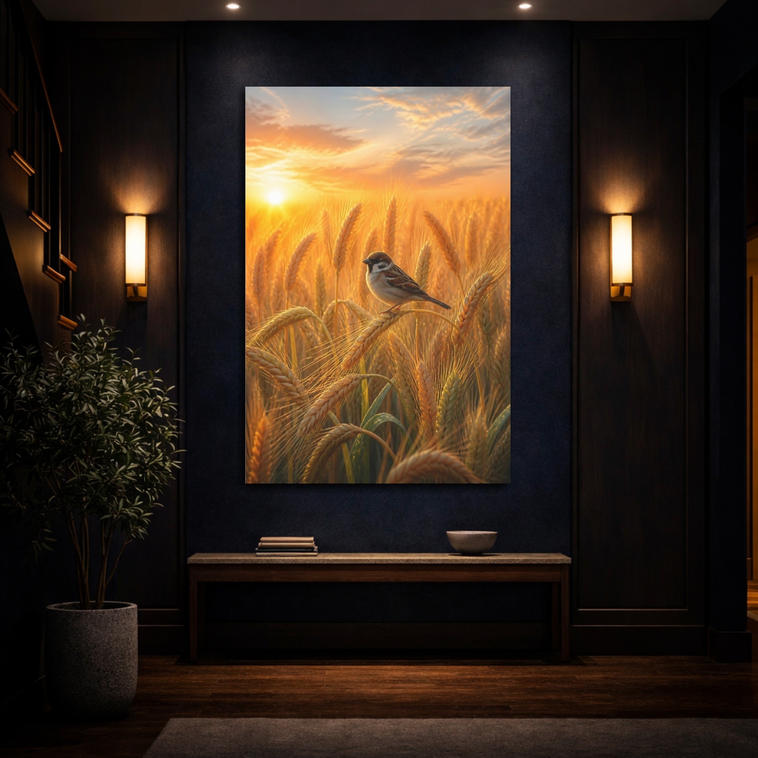 Mockup 4. Nature Sparrow Golden Wheat Field shown as stretched canvas wall art