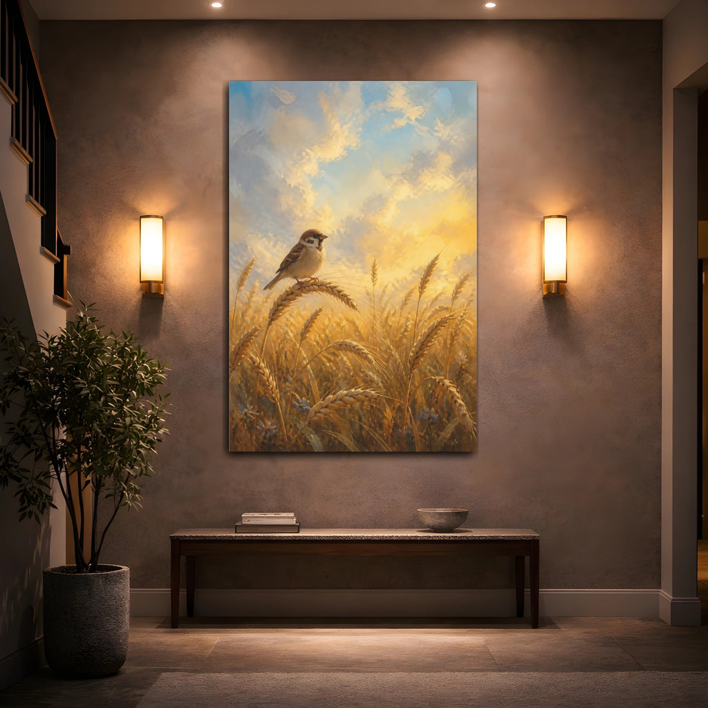 Mockup 2. Nature Sparrow Golden Wheat shown as stretched canvas wall art