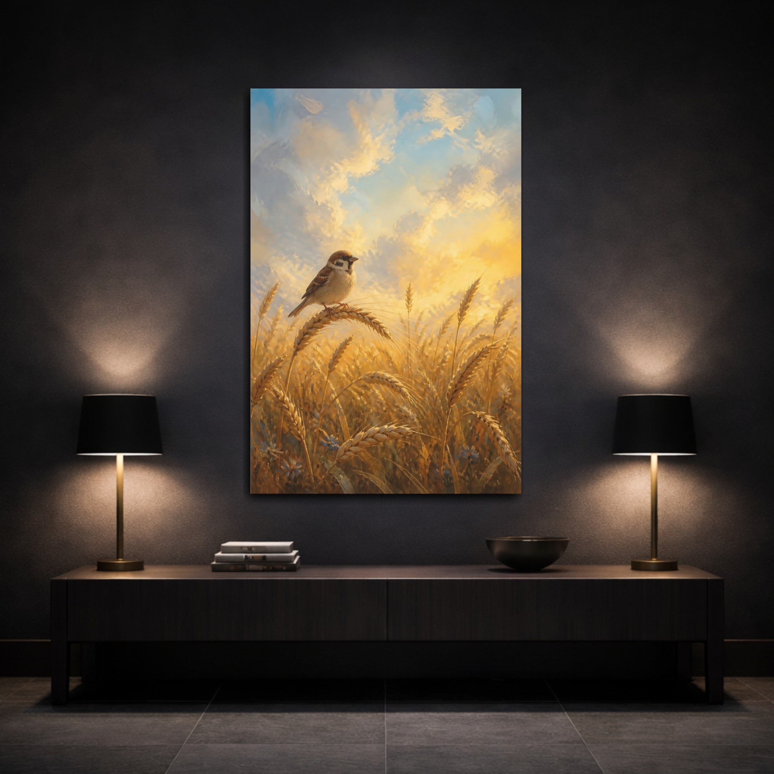 Mockup 3. Nature Sparrow Golden Wheat shown as stretched canvas wall art