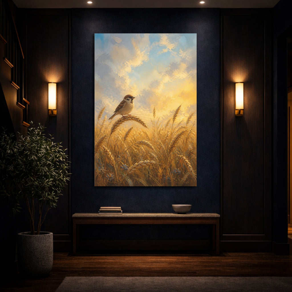 Mockup 4. Nature Sparrow Golden Wheat shown as stretched canvas wall art
