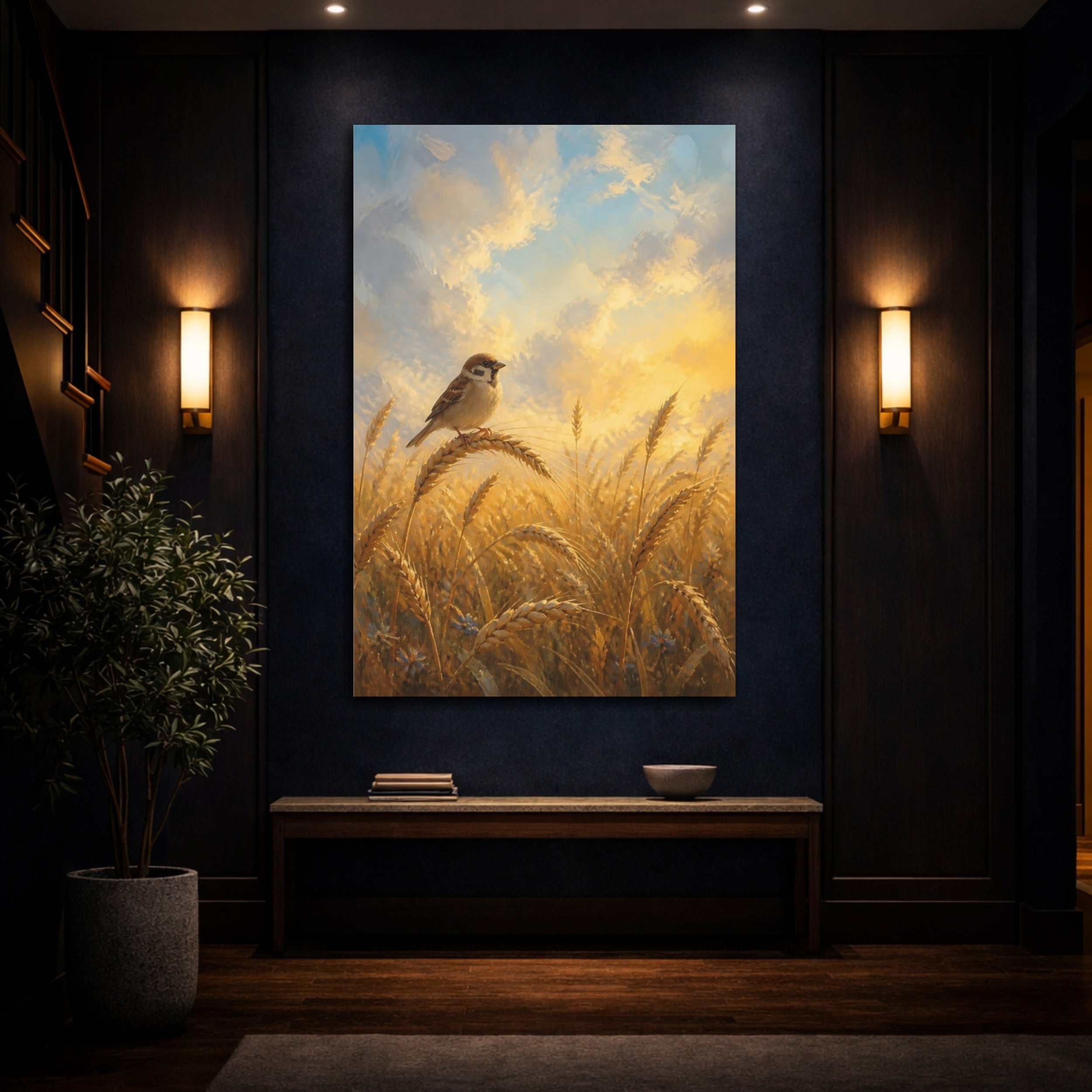 Mockup 4. Nature Sparrow Golden Wheat shown as stretched canvas wall art