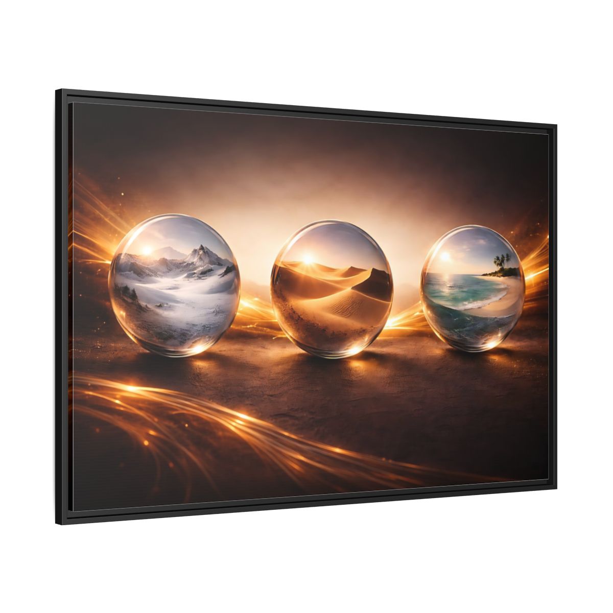 Side Mockup 12. Nature Nature Spheres Golden Glow Landscapes shown as stretched canvas wall art