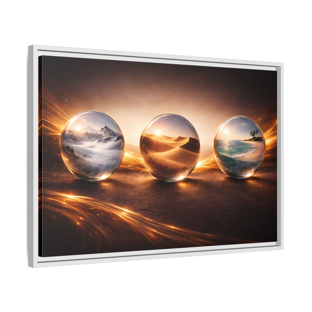 Side Mockup 10. Nature Nature Spheres Golden Glow Landscapes shown as stretched canvas wall art