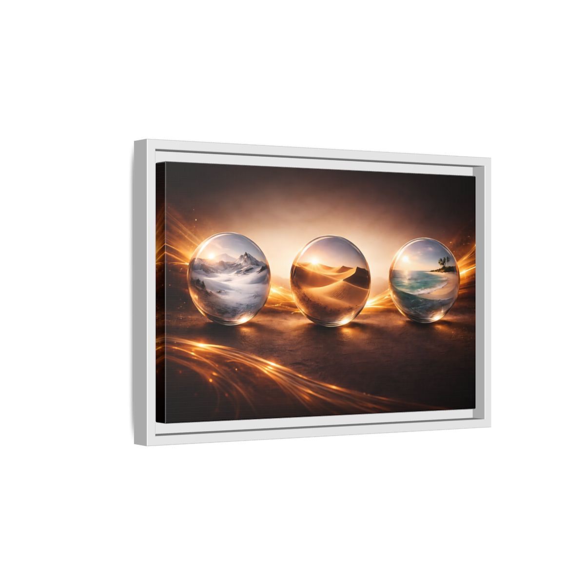 Side Mockup 4. Nature Nature Spheres Golden Glow Landscapes shown as stretched canvas wall art
