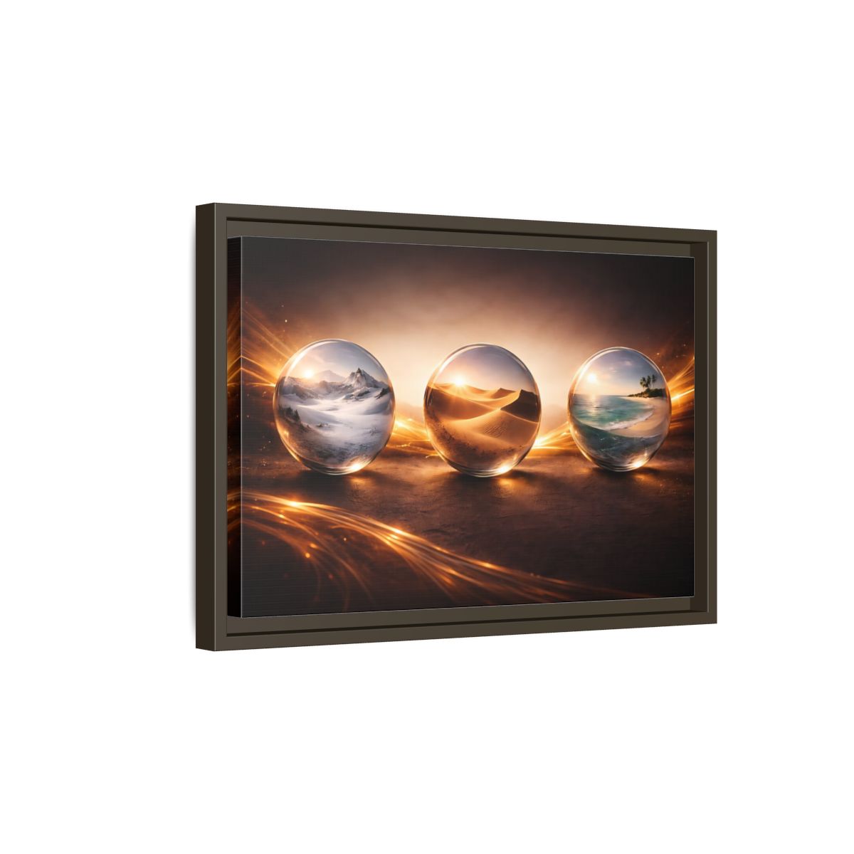 Side Mockup 5. Nature Nature Spheres Golden Glow Landscapes shown as stretched canvas wall art