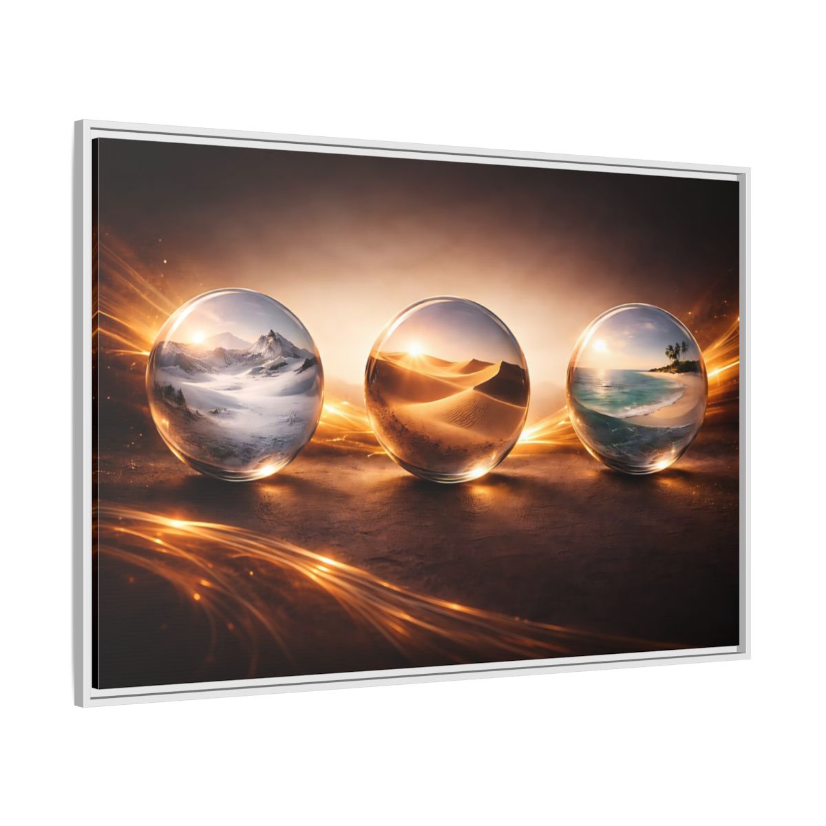 Side Mockup 7. Nature Nature Spheres Golden Glow Landscapes shown as stretched canvas wall art
