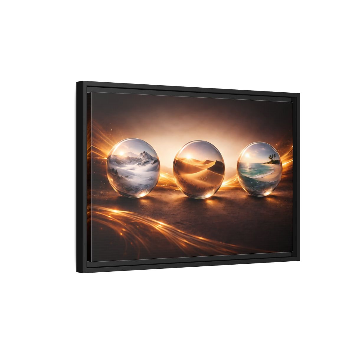 Side Mockup 3. Nature Nature Spheres Golden Glow Landscapes shown as stretched canvas wall art