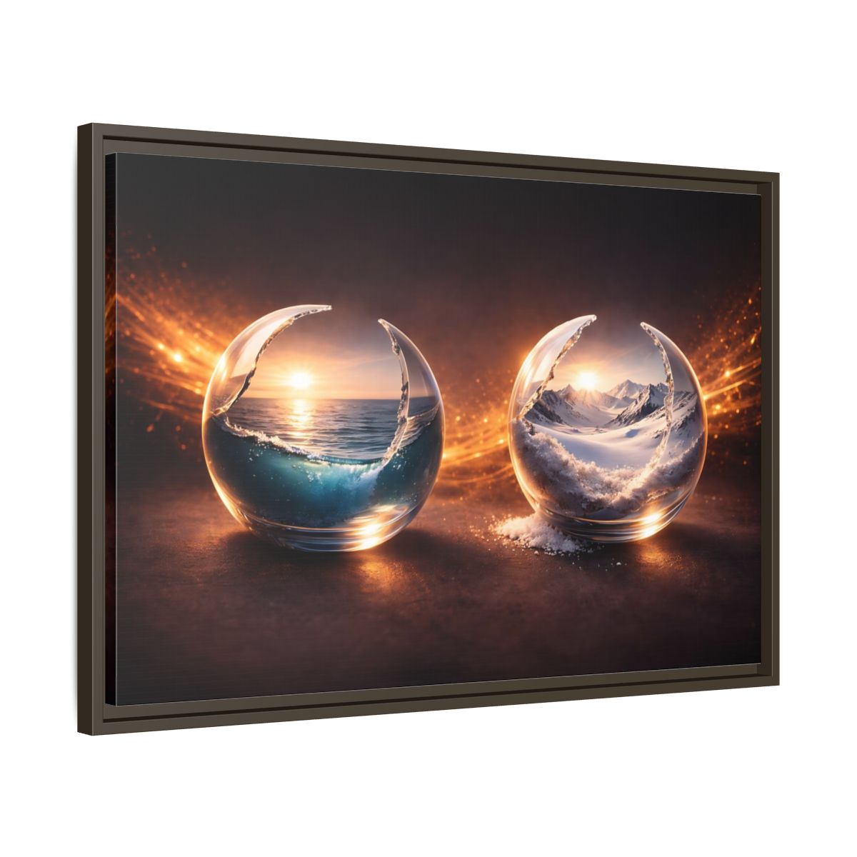 Side Mockup 11. Nature Nature Spheres Orange And Blue shown as stretched canvas wall art