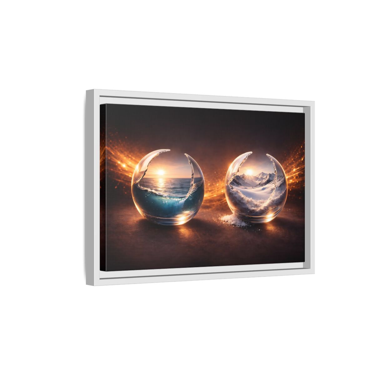 Side Mockup 4. Nature Nature Spheres Orange And Blue shown as stretched canvas wall art