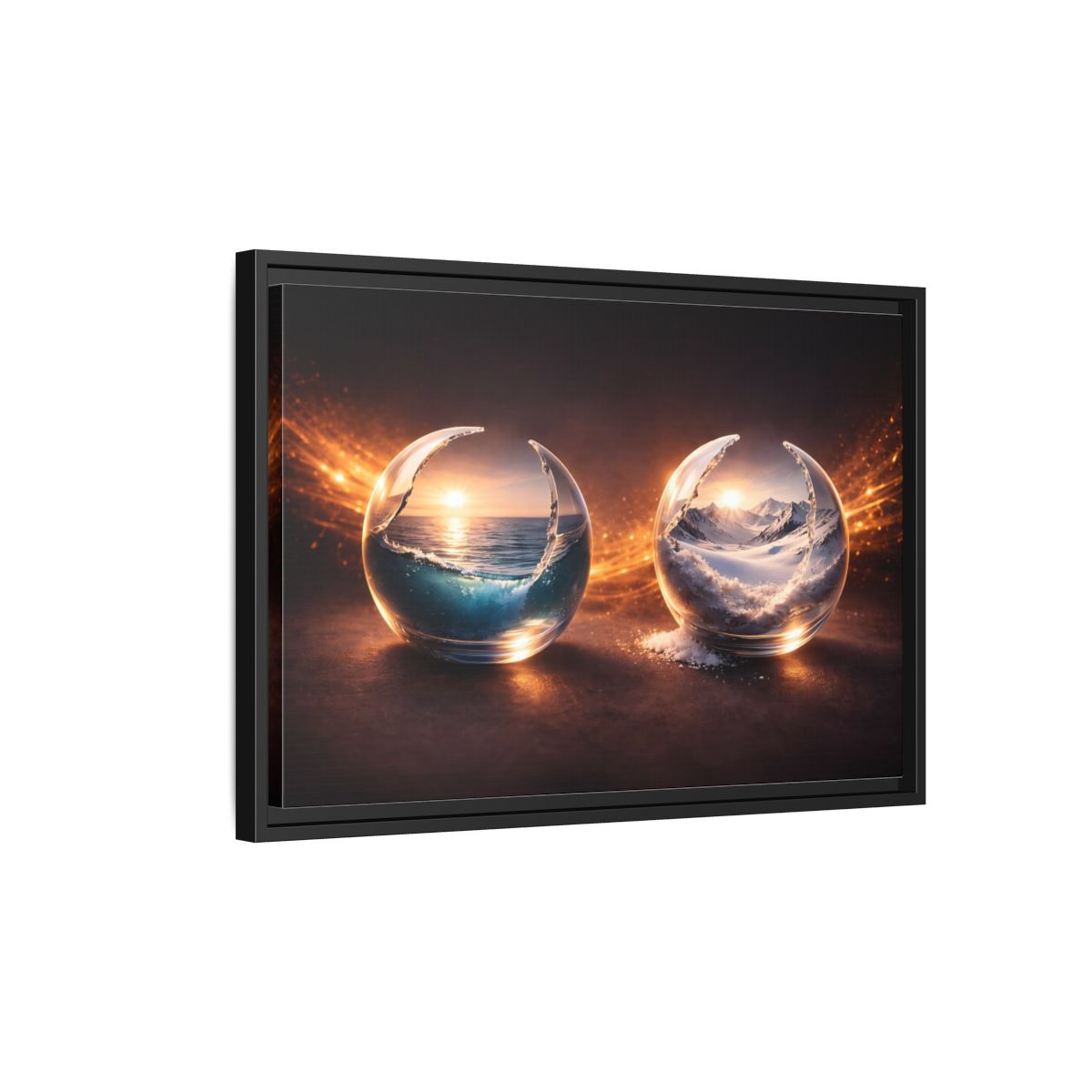 Side Mockup 3. Nature Nature Spheres Orange And Blue shown as stretched canvas wall art