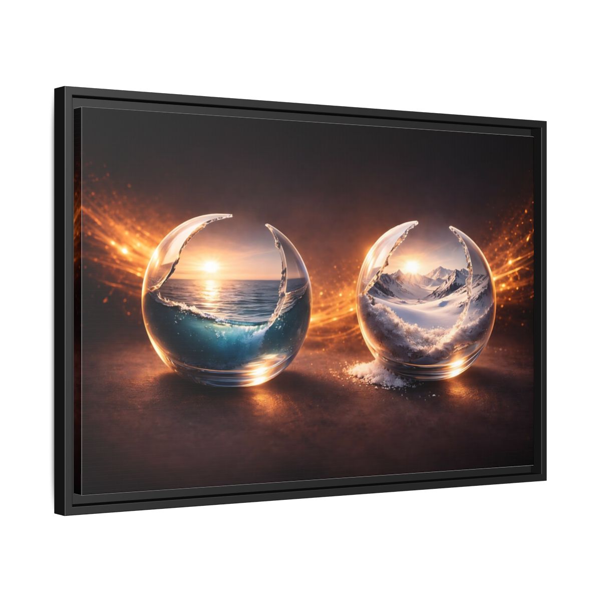 Side Mockup 14. Nature Nature Spheres Orange And Blue shown as stretched canvas wall art