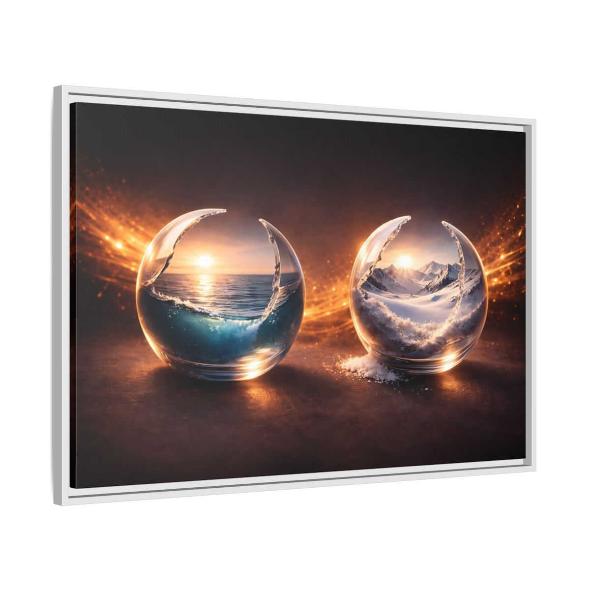 Side Mockup 9. Nature Nature Spheres Orange And Blue shown as stretched canvas wall art