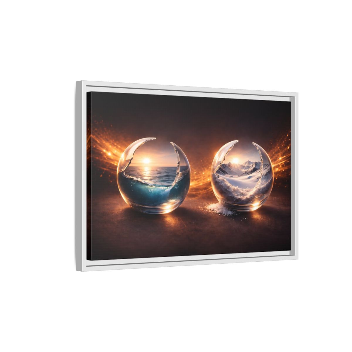 Side Mockup 1. Nature Nature Spheres Orange And Blue shown as stretched canvas wall art