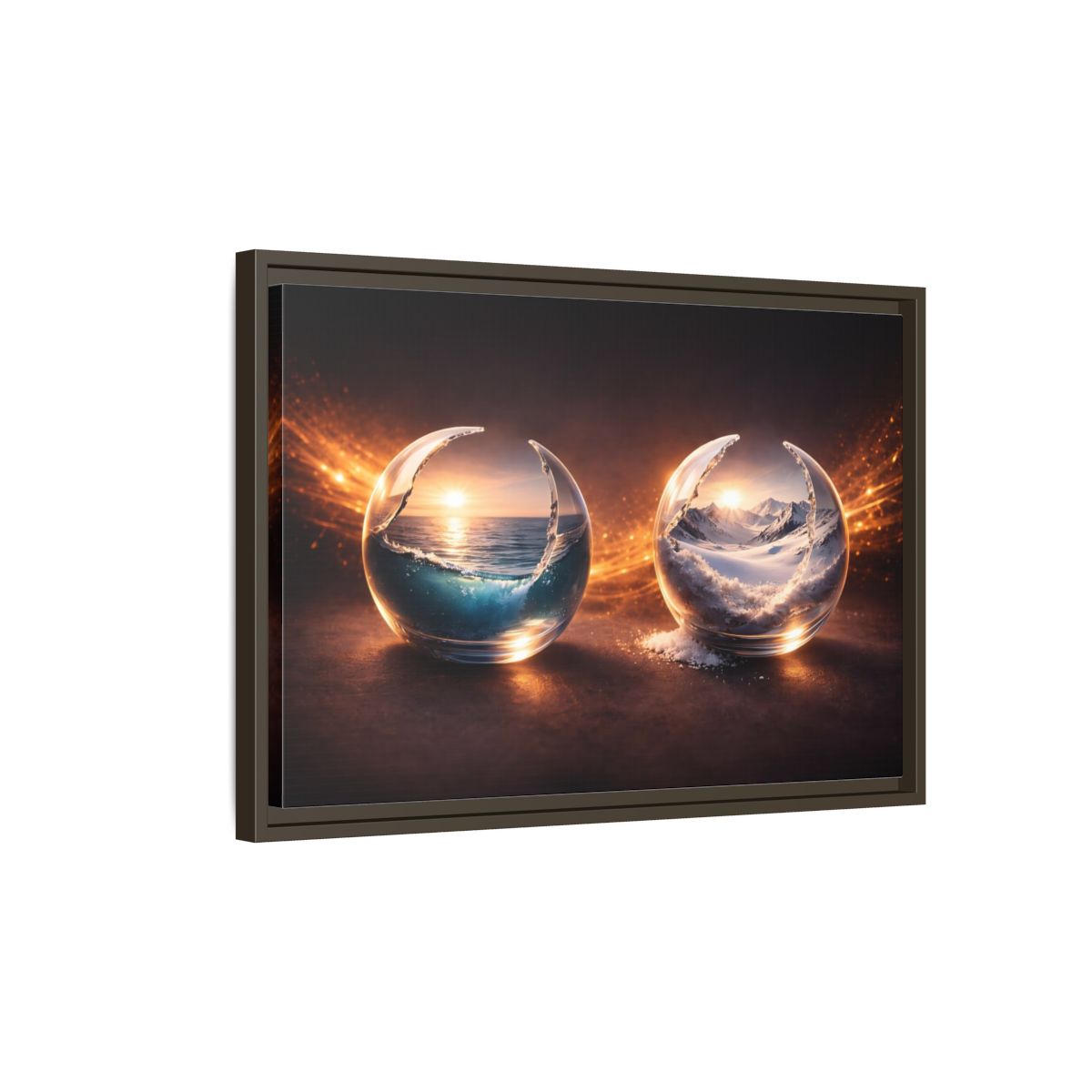 Side Mockup 2. Nature Nature Spheres Orange And Blue shown as stretched canvas wall art