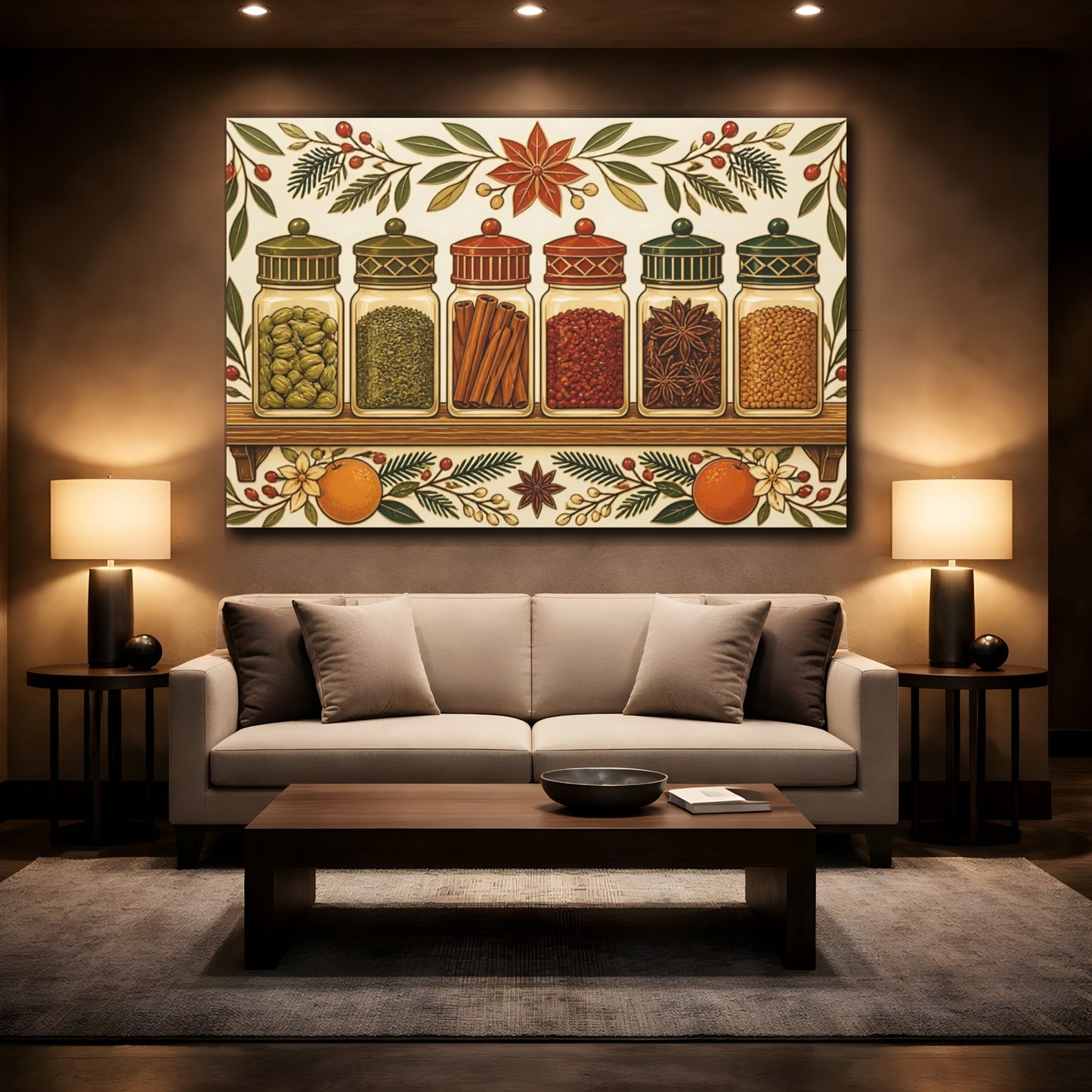Mockup 3. Nature Spice Jars Holiday Spices shown as stretched canvas wall art