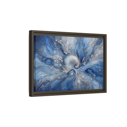 Side Mockup 5. Nature Spiral Shell Blue And Silver shown as stretched canvas wall art