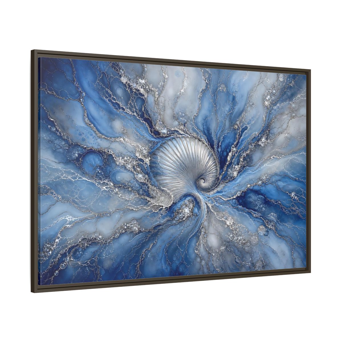 Side Mockup 8. Nature Spiral Shell Blue And Silver shown as stretched canvas wall art