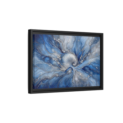 Side Mockup 6. Nature Spiral Shell Blue And Silver shown as stretched canvas wall art