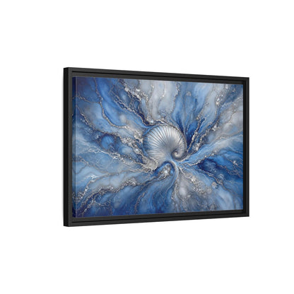 Side Mockup 3. Nature Spiral Shell Blue And Silver shown as stretched canvas wall art