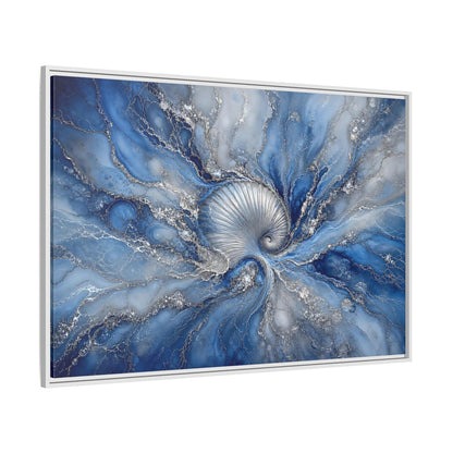 Side Mockup 7. Nature Spiral Shell Blue And Silver shown as stretched canvas wall art